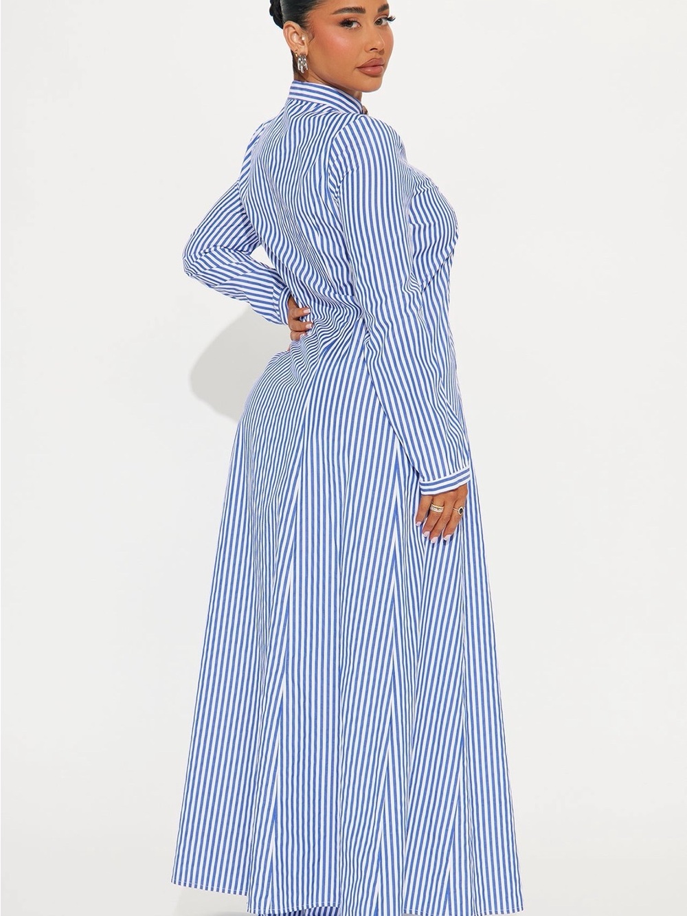 Striped Blue & White Button-Front Maxi Shirt Dress and Matching Pant Set - Picture 2 of 4